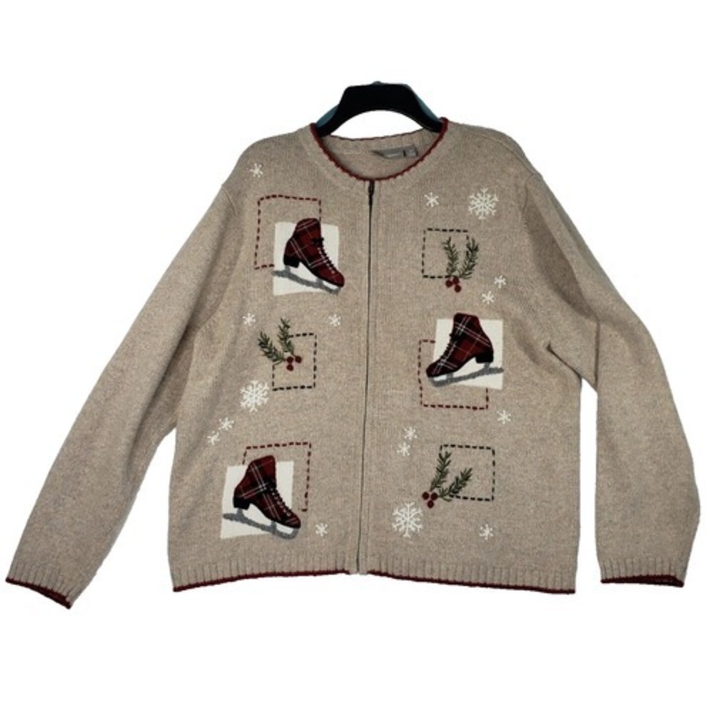 Croft & Barrow Cardigan Womens XL Sweater Ice Skates Holiday Winter Embroidered